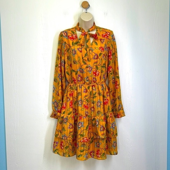 Nanette Lepore Dresses & Skirts - Nanette Lepore - Multi Colorful Floral Gold Boho Long Sleeve Midi Dress Size 6